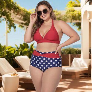 Plus Polka Dot Bikini Set Womens Size 14 High-Waist Swimsuit Swimwear